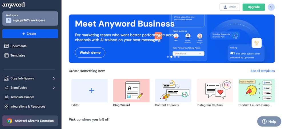 Anyword homepage screenshot displaying best ai writing tool for emails, ads, and more