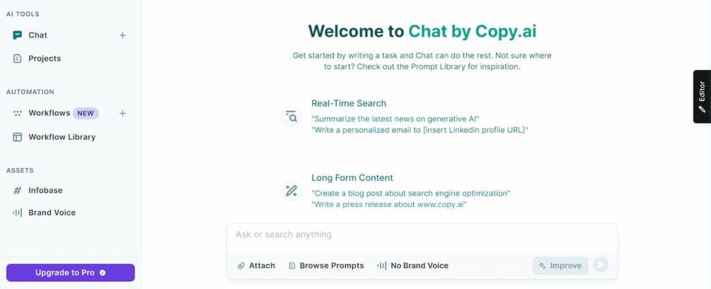 Copy AI homepage showcasing all its best AI writing tools for bloggers