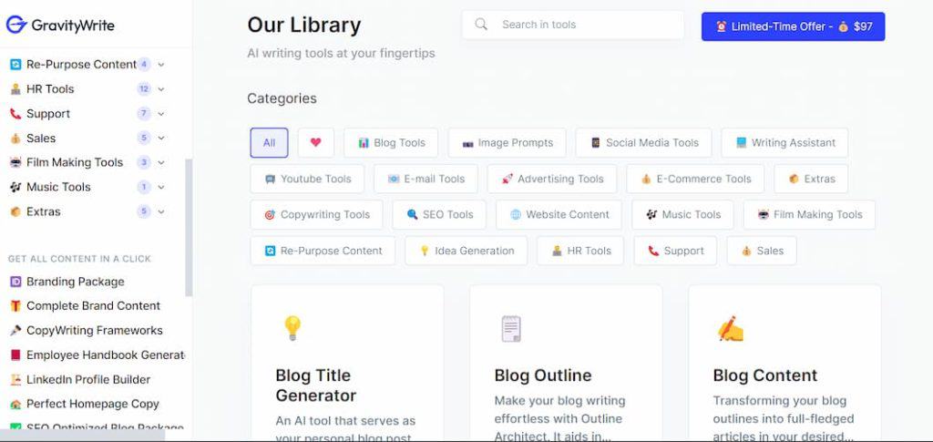 GravityWrite homepage and dashboard screenshot showing all the best AI writer tools 