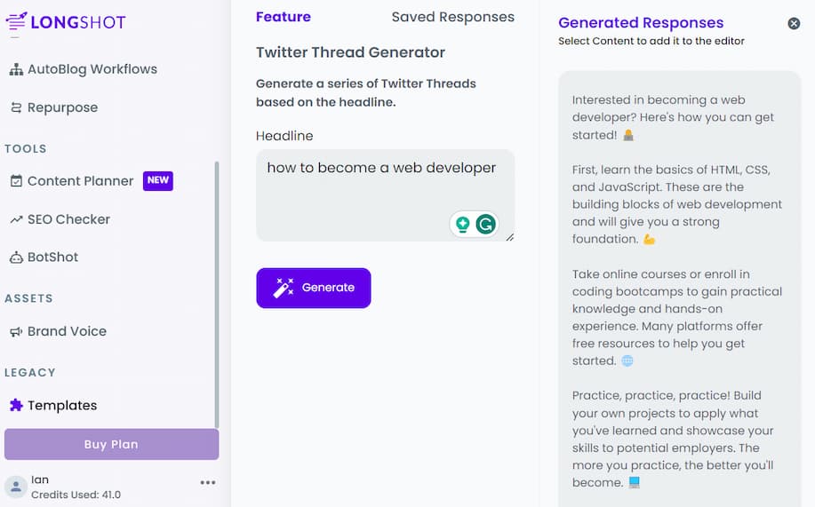 Longshot AI best Twitter Threads Generator homepage