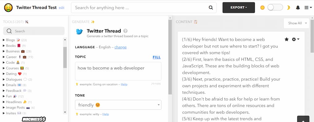 Nichesss the best twitter thread generator user interface showcasing an AI generated thread