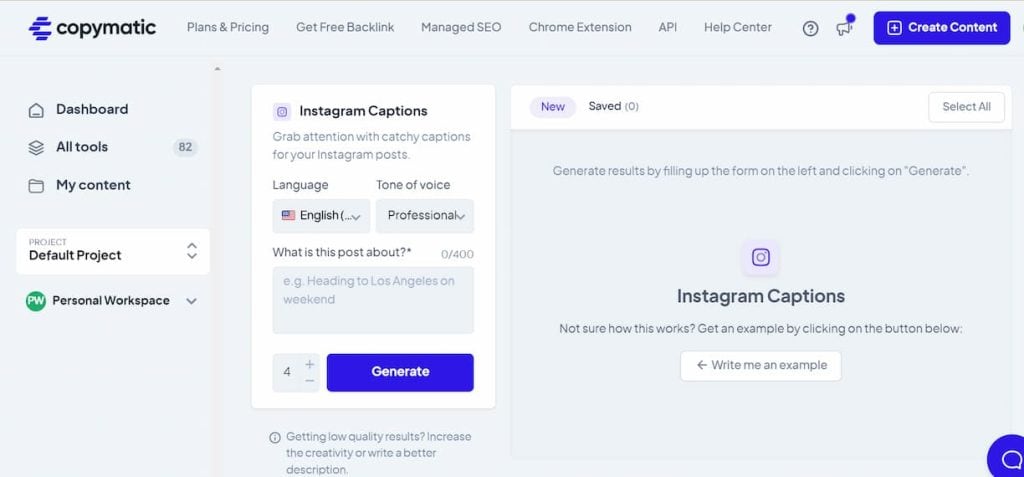 Copymatic AI Instagram caption generator screenshot