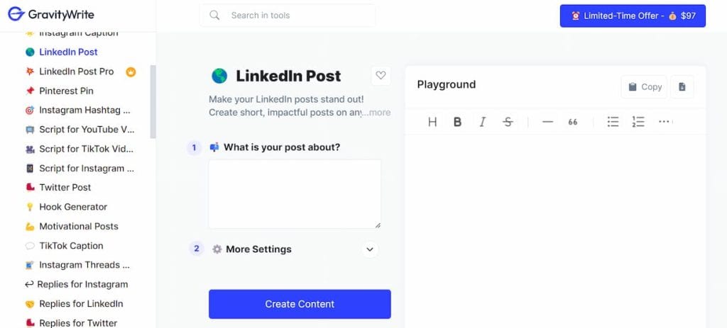 GravityWrite screenshot the best AI LinkedIn post generator