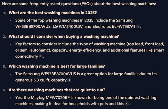 Microsoft Copilot generated FAQs for best washing machine